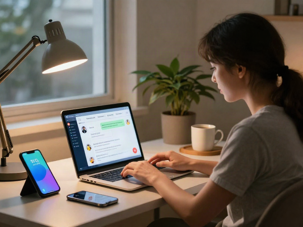 User engaging with nsfw ai chat in a cozy home office setting, modern digital interface visible with colorful graphics.