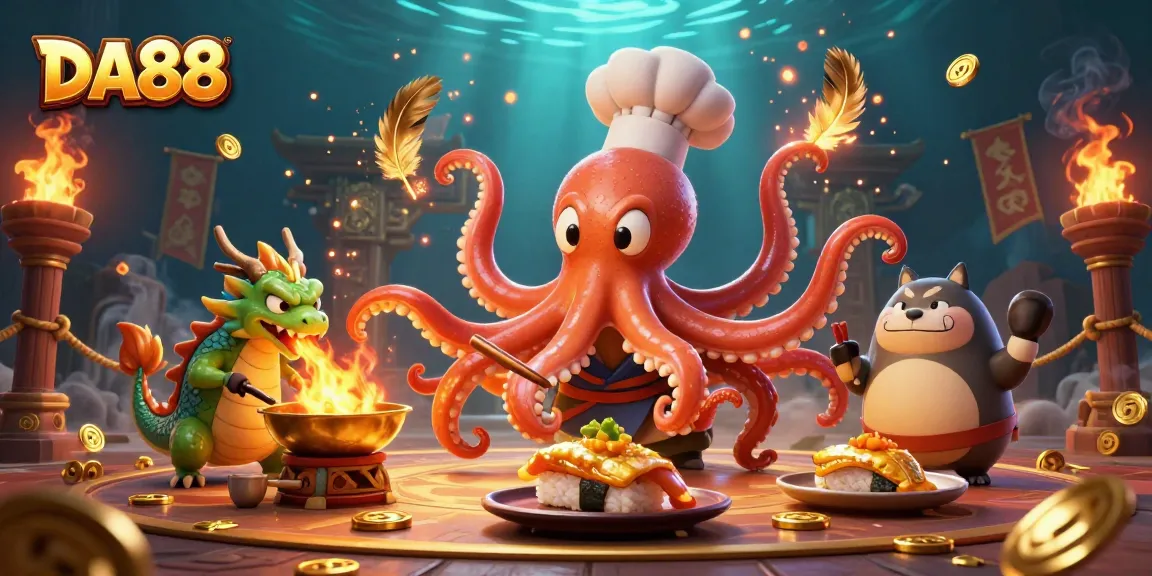 Experience thrilling action at DA88 with an exciting 3D casino scene featuring a chef octopus and dragon.