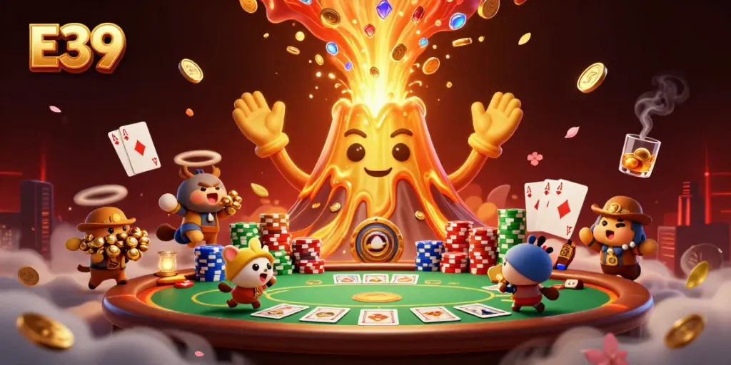 E39 volcano erupts gold and gems while explorer animals scramble amidst colorful poker game elements.