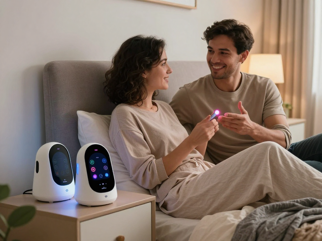 Couple exploring ai sex with AI-enhanced intimacy tools in a cozy bedroom.