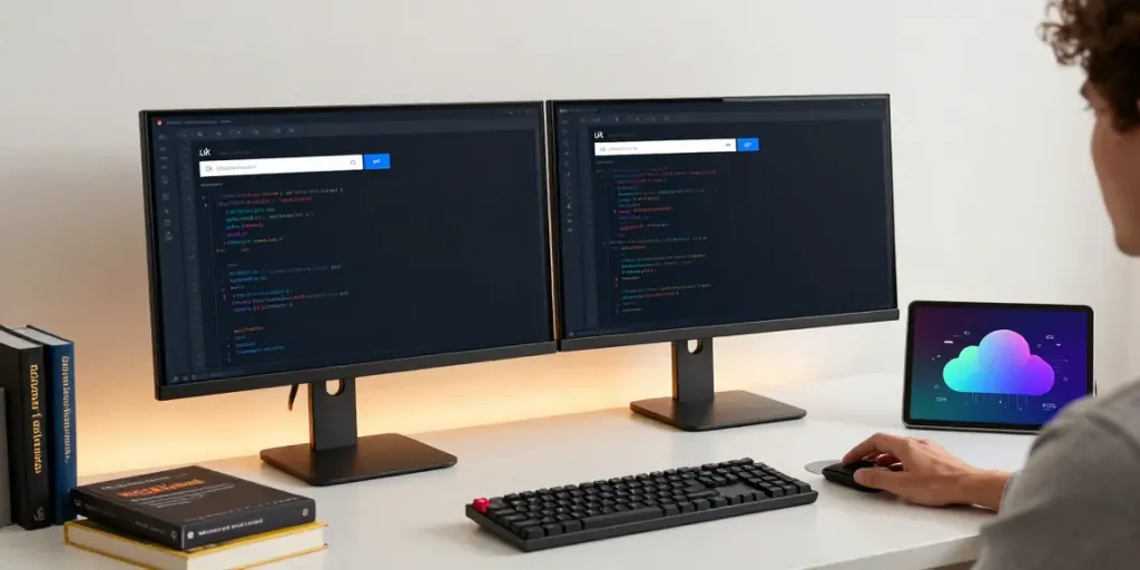 .uk domain search results displayed on dual monitors in a modern tech workspace, with elements of software development and cloud computing.