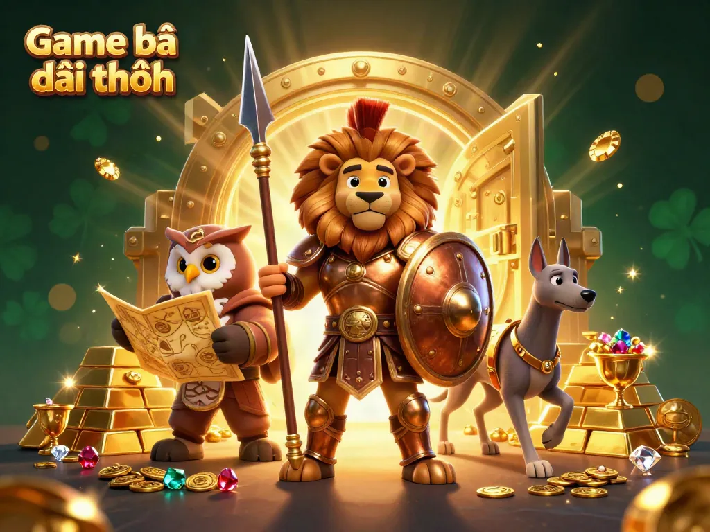 Experience the thrill of Game bài đổi thưởng with dynamic characters and dazzling treasures in a vibrant digital illustration.