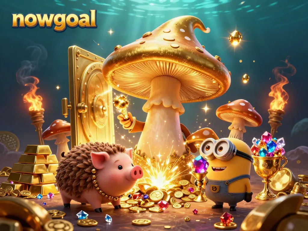Engage with nowgoal's magical world of treasures featuring a golden mushroom wizard, a truffle pig, and gem-carrying minions amidst a burst of riches.