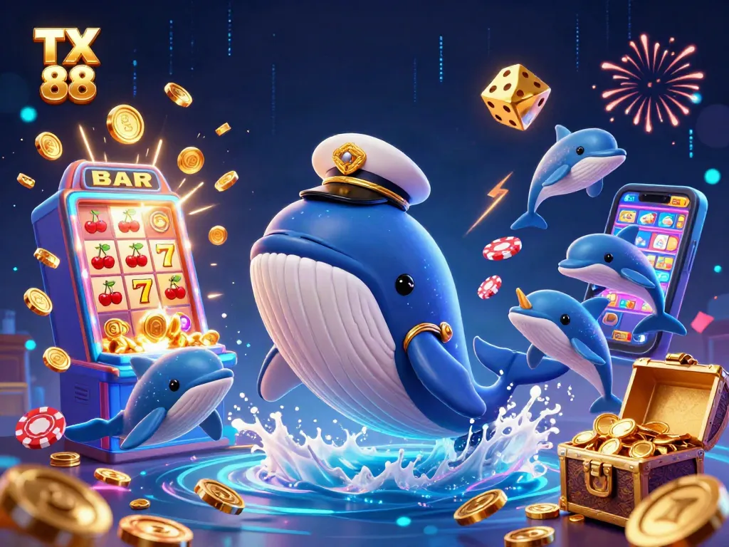 Win big with TX 88 at a vibrant 3D casino adventure featuring whales, dolphins, and jackpots.