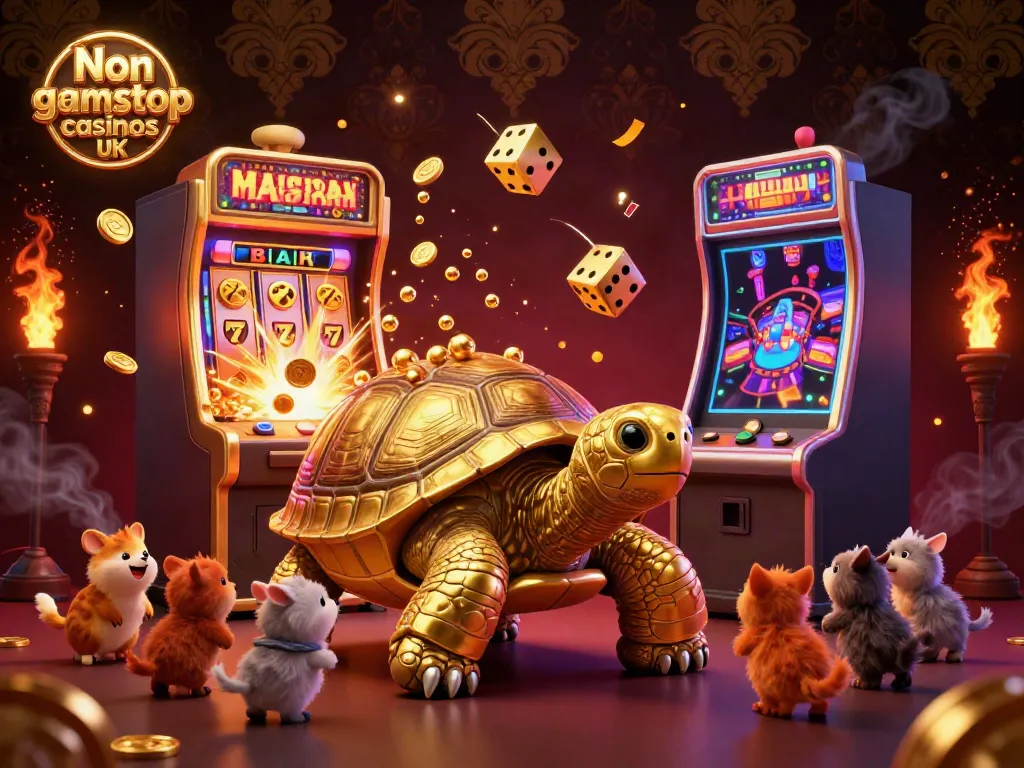 Engage in thrilling play at Non gamstop casinos UK with our golden tortoise and vibrant slot machine scene.