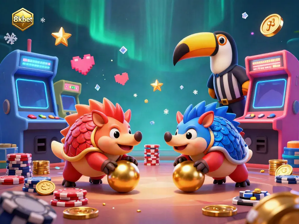 Engage with 8xbet as rival pangolins roll into golden balls amid poker chips, showcasing a vibrant casino atmosphere.