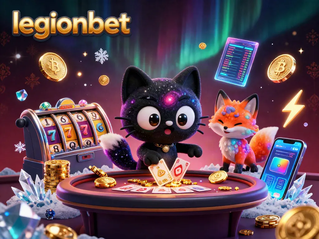 Engage with legionbet at a vibrant cosmic casino table with playful characters and crypto elements.