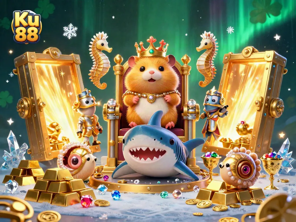 Engage with Ku 88's vibrant casino adventure, featuring a hamster king amid treasures and royal seahorse guards.