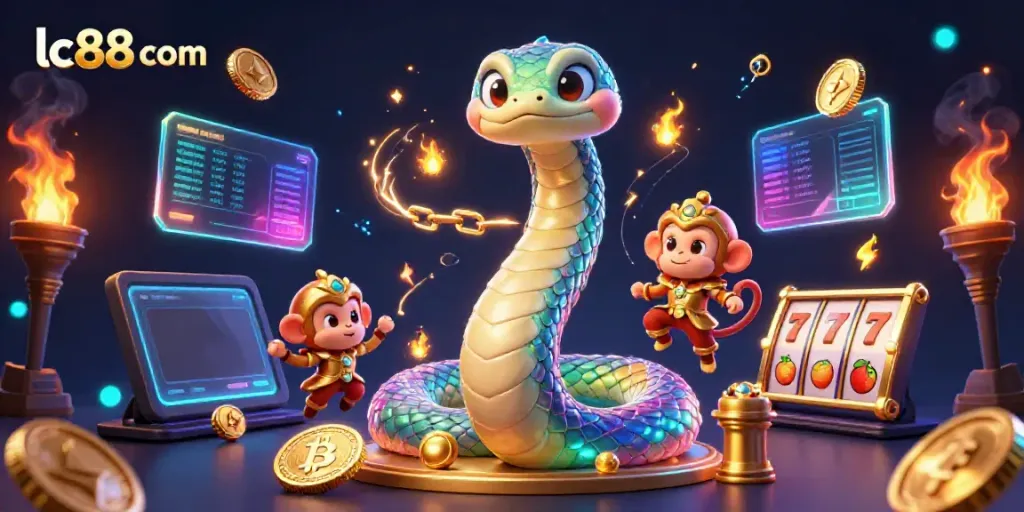 Win big with lc88 com: 3D illustration showcasing vibrant casino elements and crypto coins.