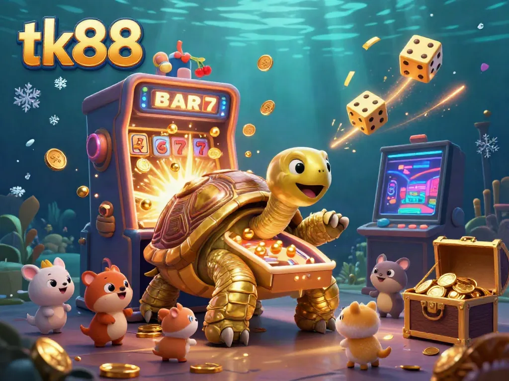 Experience the excitement at tk88 with a vibrant casino scene featuring a golden tortoise pinball machine and explosive slot jackpots.
