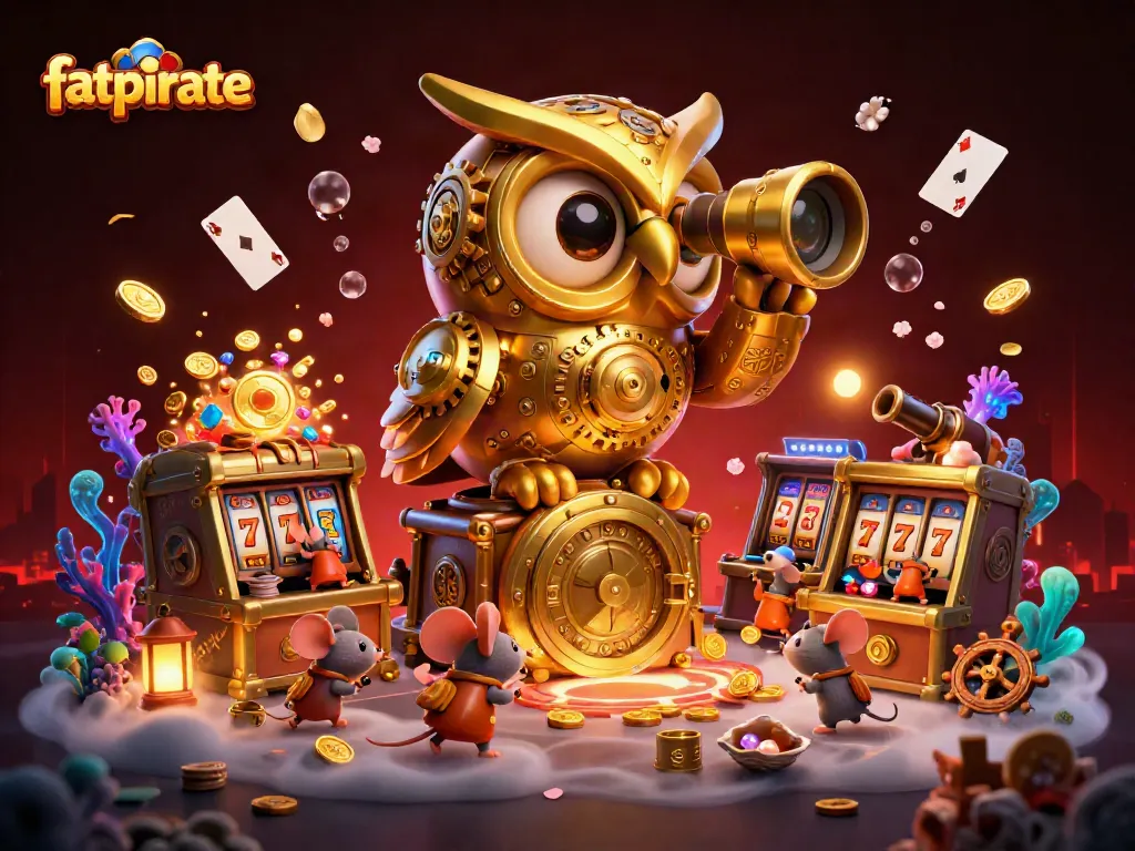 Experience the thrill of fatpirate casino gaming with a vibrant 3D illustration featuring an owl and lively slot machines.