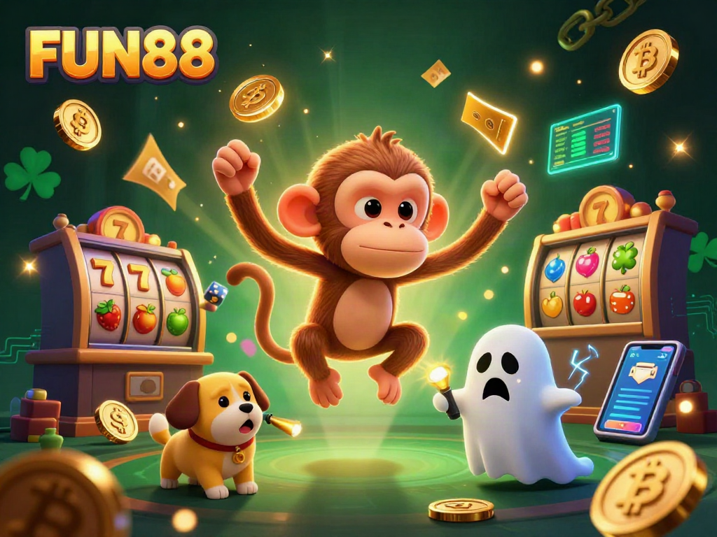 Experience excitement with FUN88 in a dynamic haunted casino scene featuring playful spirits and vibrant gaming elements.