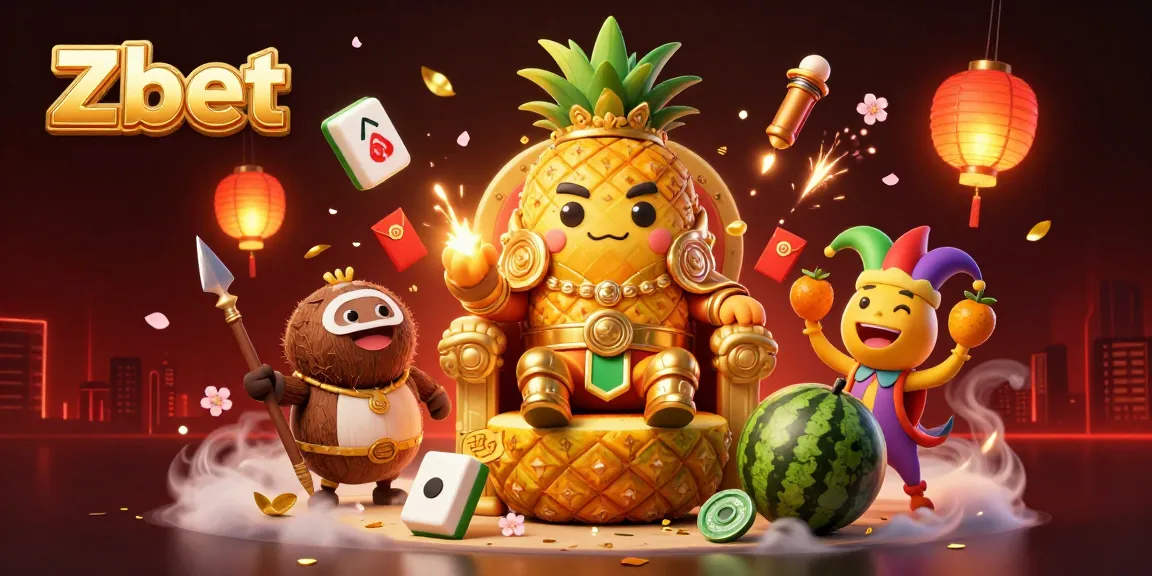 Zbet engages players with a vibrant casino scene featuring a golden pineapple king, coconut bodyguards, and entertaining games.