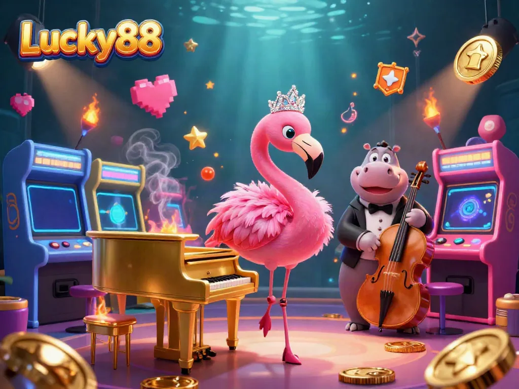 Engage with Lucky88 in a vibrant 3D casino scene featuring a flamingo singer and a hippo bassist, surrounded by colorful gaming elements.