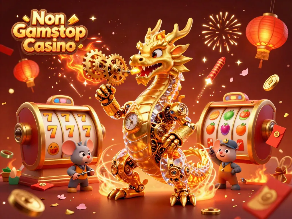 Experience excitement at Non Gamstop Casino with a vibrant illustration of a golden dragon surrounded by casino elements.