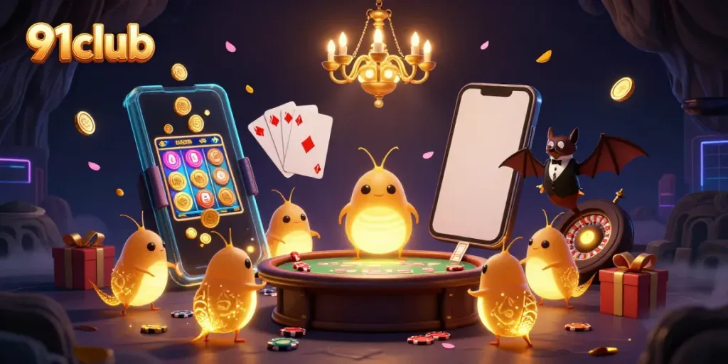 Experience the thrill of 91club with glowworms lighting up a vibrant casino scene.