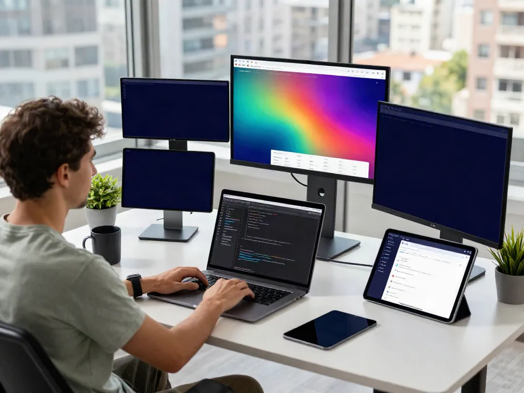 Web developer analyzing instant indexing tools at a modern workspace.