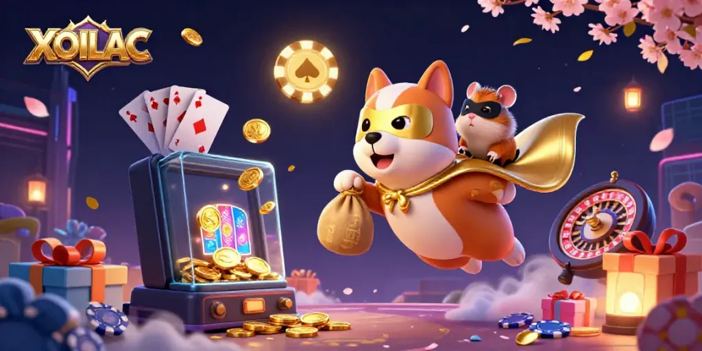 Watch the animated hero XOILAC dog collect gold coins amidst a vibrant casino setting.