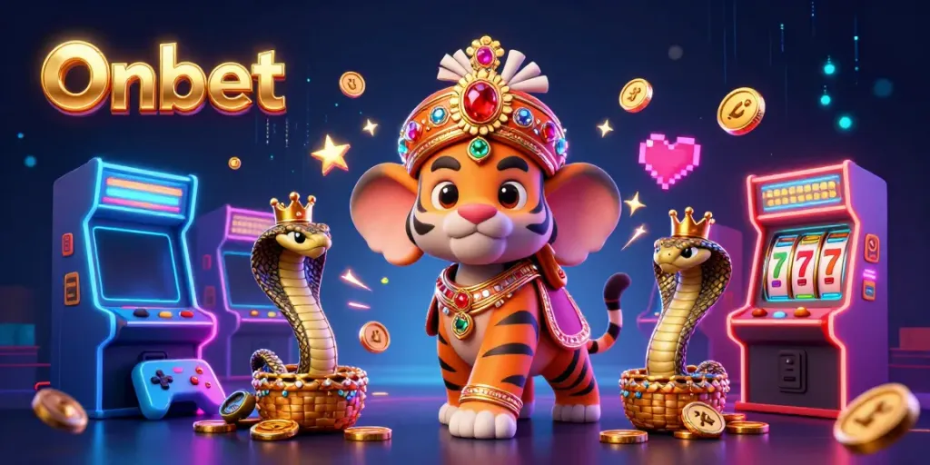 Experience Onbet's vibrant casino world with a majestic maharaja on a jeweled elephant surrounded by gaming thrills.
