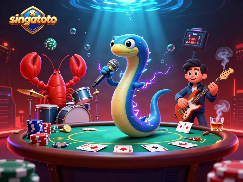 Watch singatoto's electric eel DJ rock the underwater casino stage with vibrant poker action!