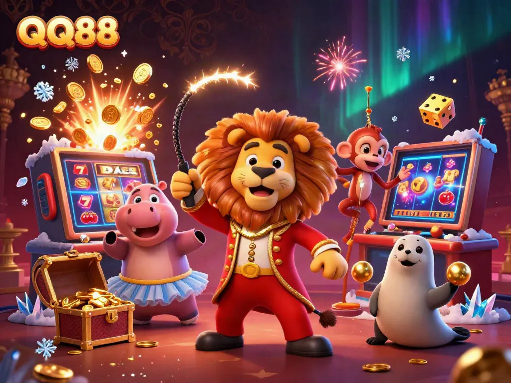 Experience the thrill of QQ88 with festive characters and dynamic casino elements in a vibrant 3D scene.
