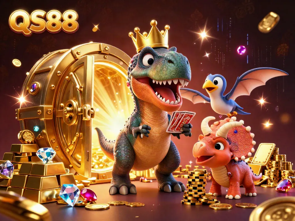 Experience the excitement of QS88 with a T-Rex shuffling cards and a pterodactyl assistant in a treasure-filled casino