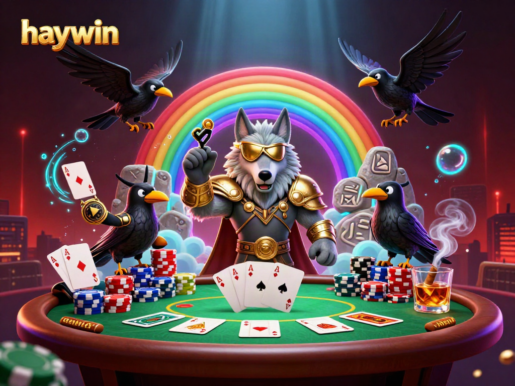 Play poker with haywin as Odin and his ravens surround a vibrant casino scene.