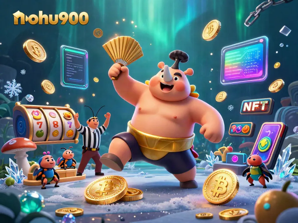 Experience the action at nohu900 with a vibrant scene of a sumo beetle champion amidst slot game elements and cryptocurrency.