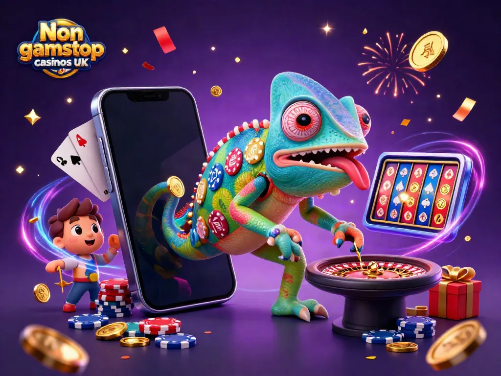 Engaging illustration of Non gamstop casinos UK with a colorful chameleon casino owner, spinning slot games, and radiant gold coins.