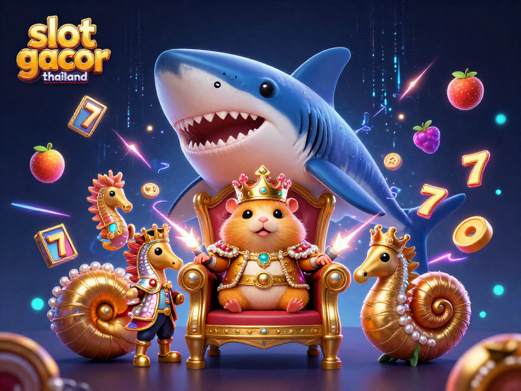 Slot gacor thailand showcases a dynamic 3D scene with a golden hamster king and vibrant slot game elements.