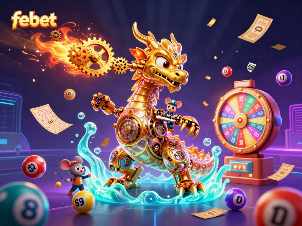 Experience febet's thrilling action with a vibrant casino-themed digital scene full of lottery excitement.