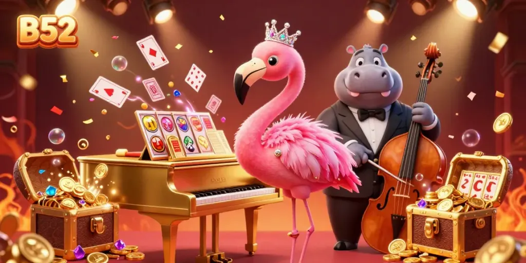 Watch B52's flamingo singer and hippo bassist perform in a vibrant casino scene filled with game elements.
