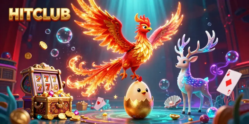 Experience excitement at HITCLUB with a phoenix and stag in a vibrant casino scene filled with treasures.
