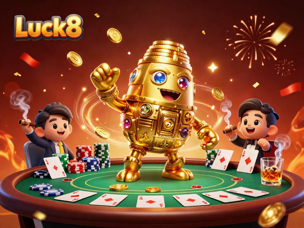 Experience Luck8's thrilling gaming atmosphere with a golden coin golem and poker elements in action.