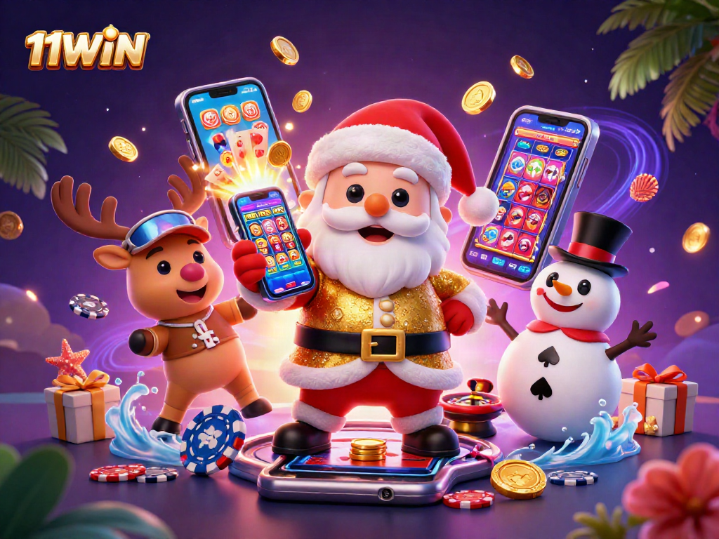 Experience excitement at 11WIN casino with a festive Santa, reindeer dealer, and poker chip snowman.