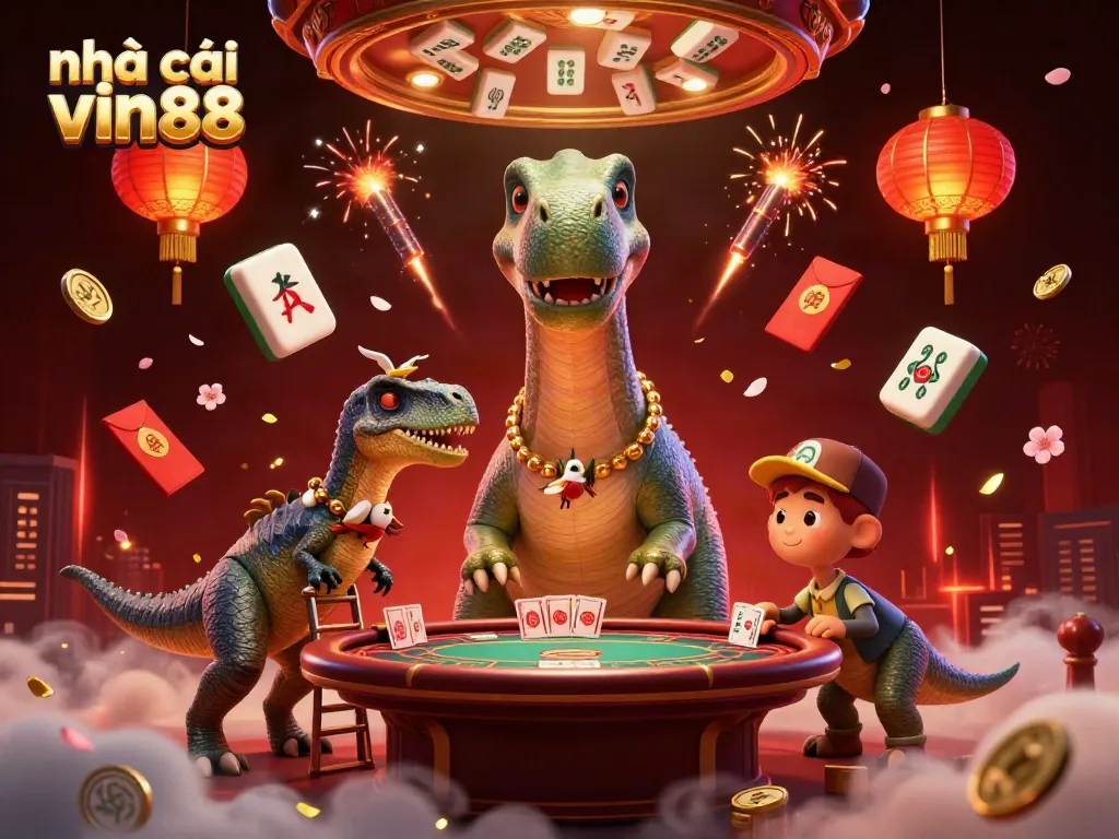 Enjoy thrilling moments at nhà cái vin88 with a unique 3D cartoon scene capturing a giant brontosaurus supervising a poker game.