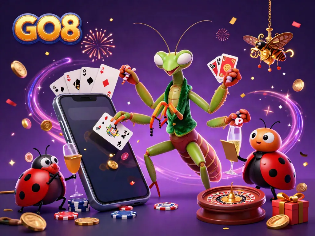 Experience the excitement of GO8 with a dynamic scene showcasing casino elements and vibrant characters.