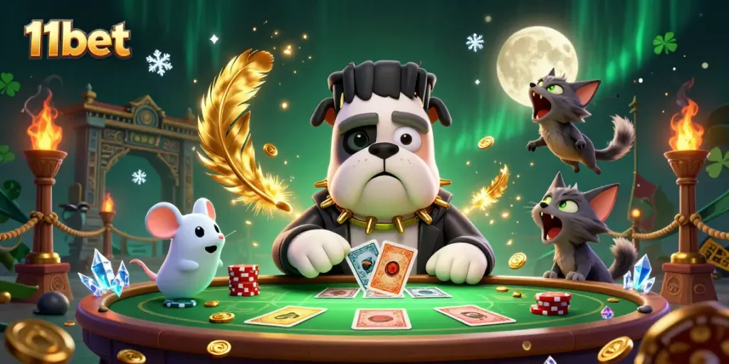 Engage in thrilling casino gaming with 11bet's vibrant 3D illustration featuring unique characters and enchanting effects.