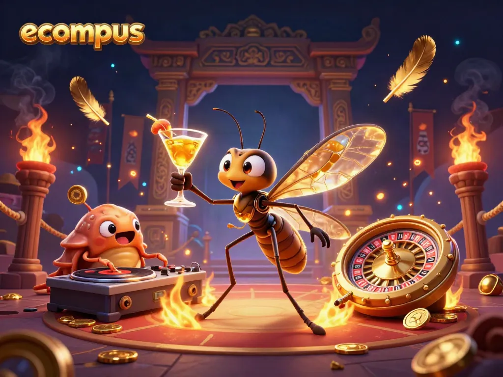 Experience the thrilling ambiance of ecompus with a 3D illustration of casino elements and lively characters.