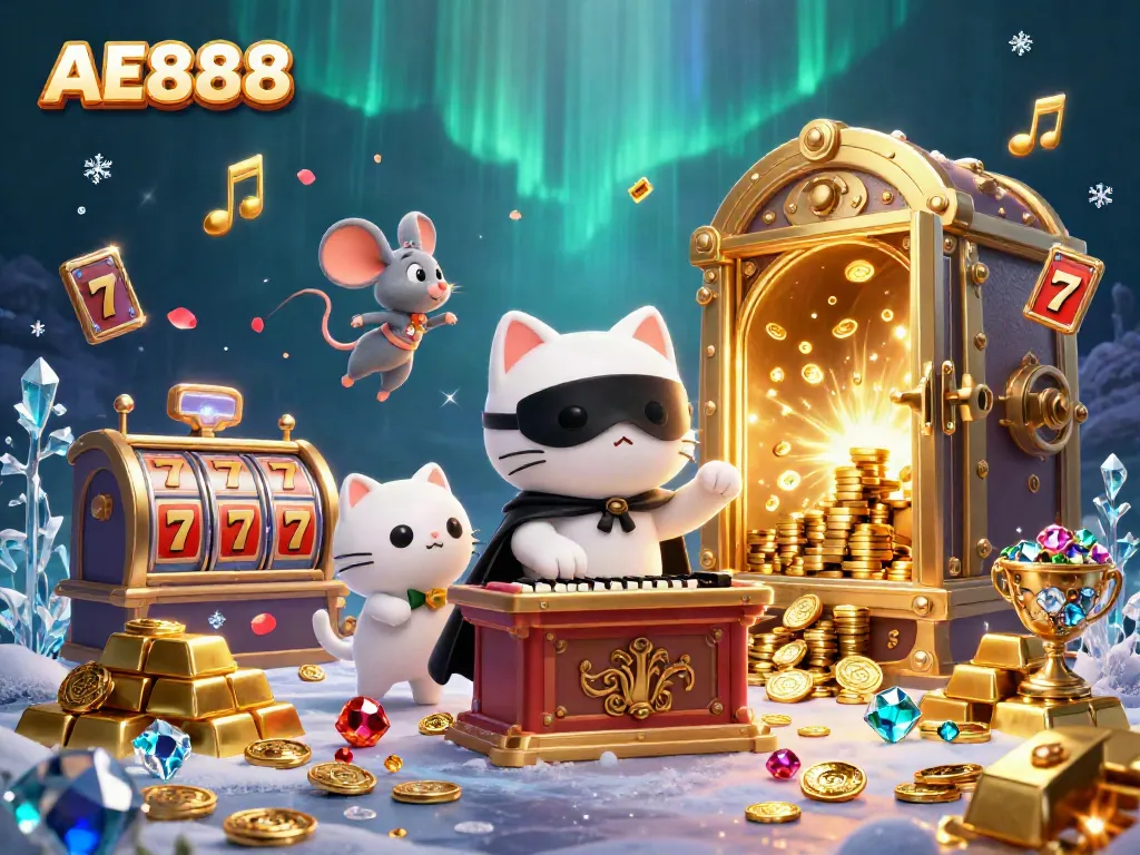Experience the thrill of AE888 with a dynamic casino scene featuring animated characters and treasures.