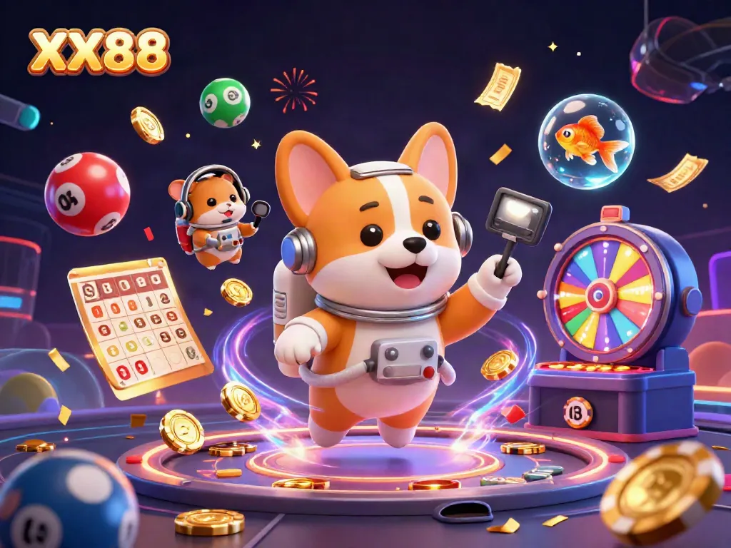 Experience the thrill of gaming at XX88 with a fun 3D floating astronaut corgi surrounded by casino elements.