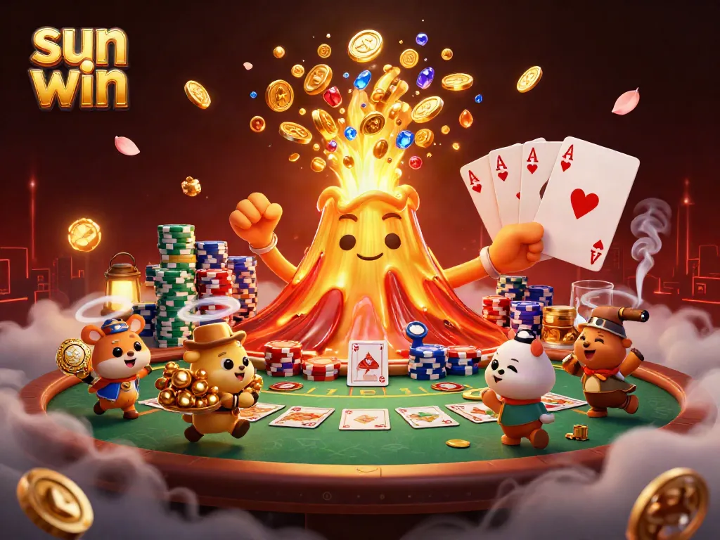 Engage with the dynamic sun win gaming scene, featuring a triumphant golden volcano and poker elements.