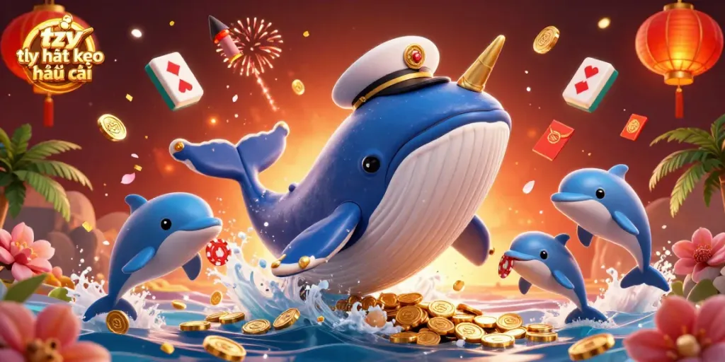Experience the excitement of tỷ lệ kèo nhà cái with a colorful 3D illustration featuring whale, narwhal, and dolphins.