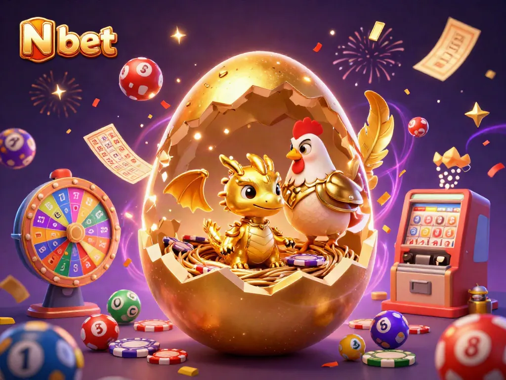 N bet reveals a golden baby dragon on poker chips amidst vibrant lottery balls and celebration.