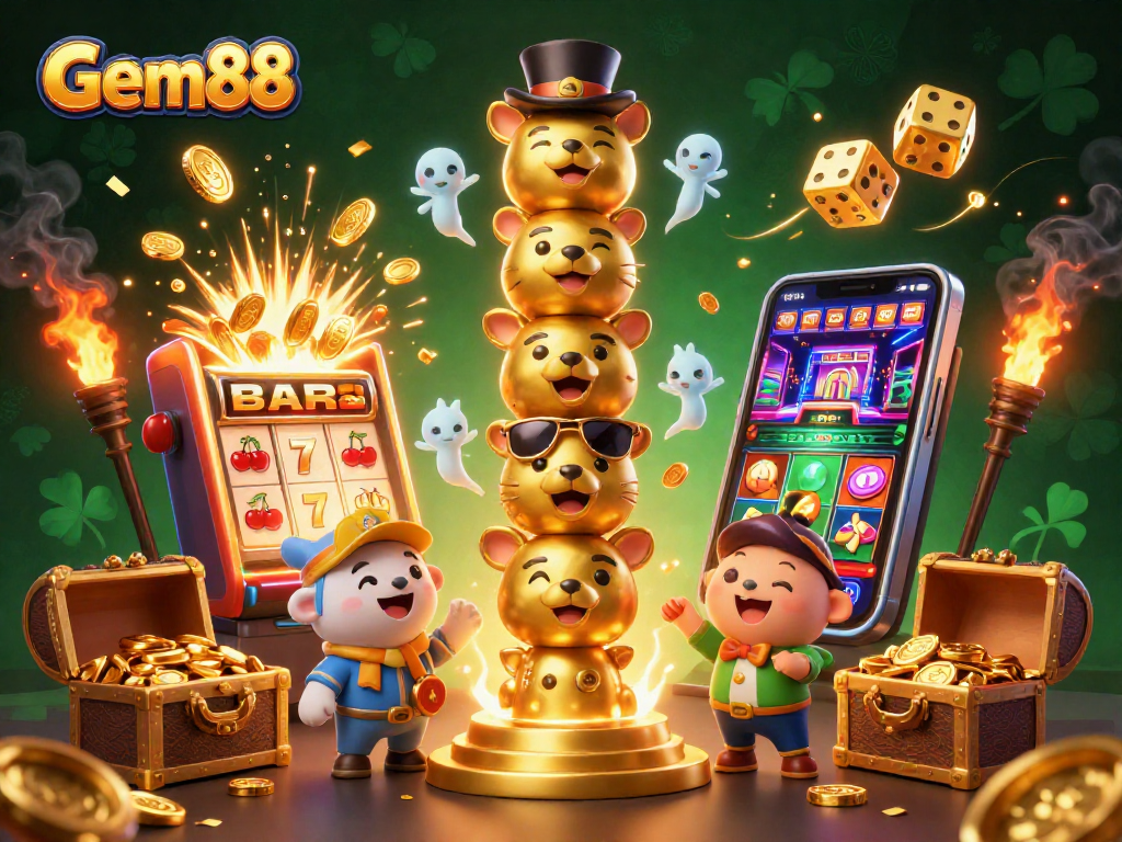 Experience the excitement of gaming at Gem88 with a vibrant 3D slot scene featuring animated characters and jackpot elements.