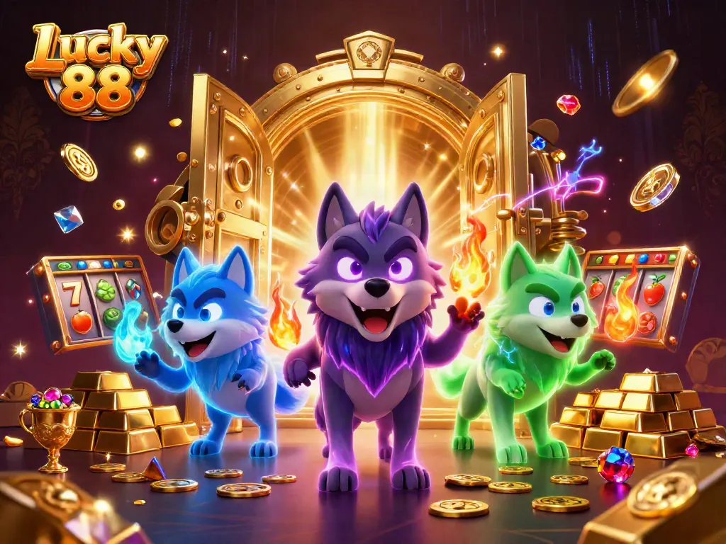 Experience the thrill of Lucky 88 with jackpot counters and colorful slot elements bursting with treasures.