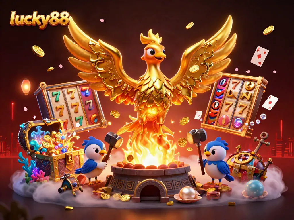 Experience thrilling excitement with lucky88 as golden coins and vibrant slot reels cascade around a mystical phoenix.
