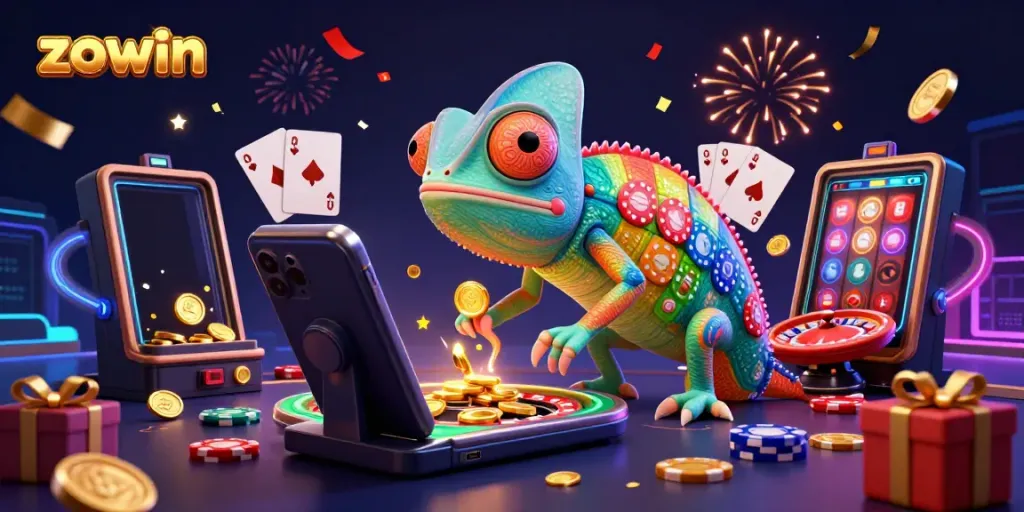 Engage with the dynamic gaming world of Zowin, capturing excitement with golden coins and vibrant casino elements.