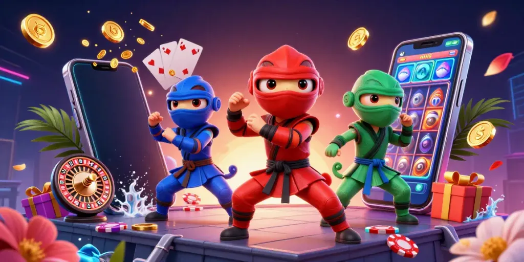 Experience thrilling moments at mu88 with our vibrant 3D ninja chameleons amidst dynamic slot gaming elements.