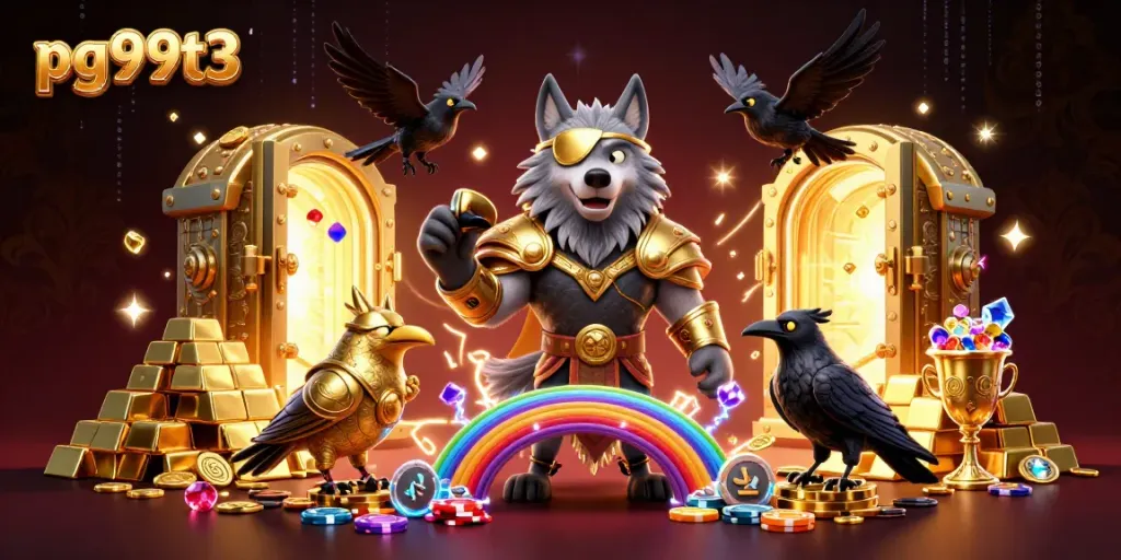 Witness the pg99t3 casino phenomenon with Odin and ravens in a vibrant treasure scene.